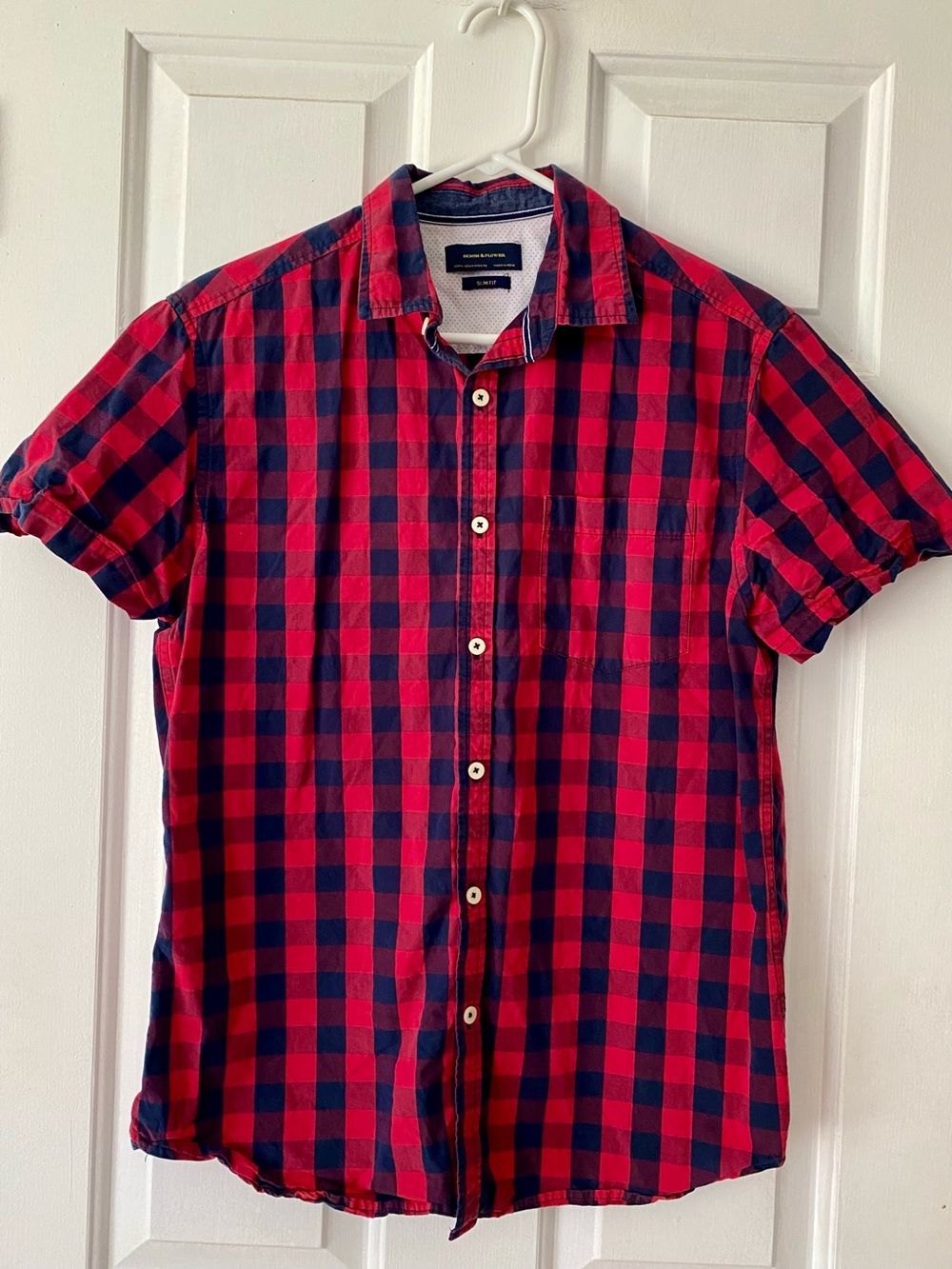 Denim & Flower Buffalo Plaid Short Sleeve Button Shirt Men's Medium Slim